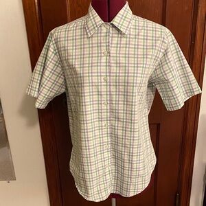 Lands' End Women's Pastel Green and Lavender Plaid Button Down Camp Shirt